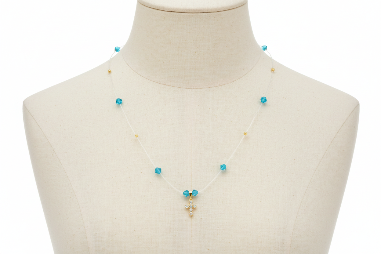 Blue Crystal Cross Necklace – 14K Gold