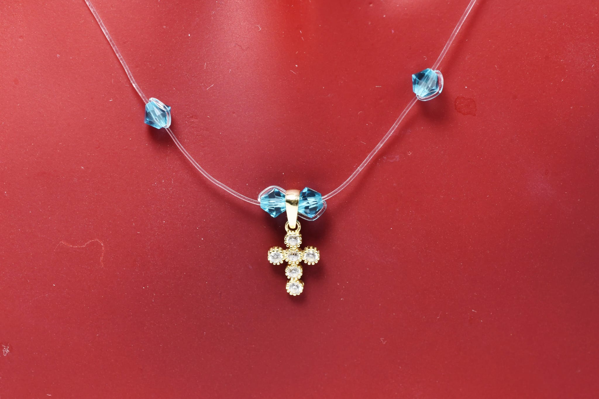 Blue Crystal Cross Necklace – 14K Gold
