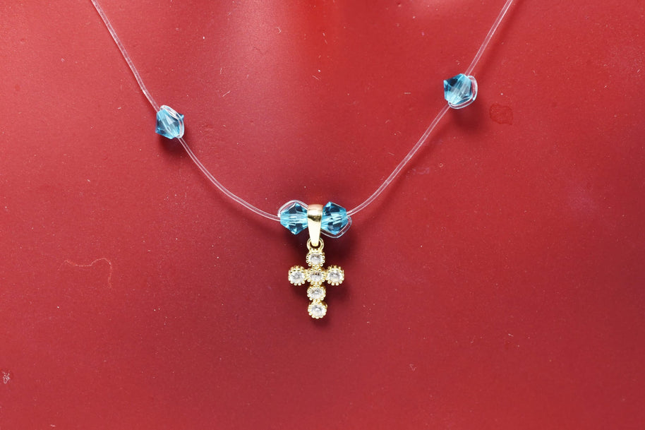 Blue Crystal Cross Necklace – 14K Gold