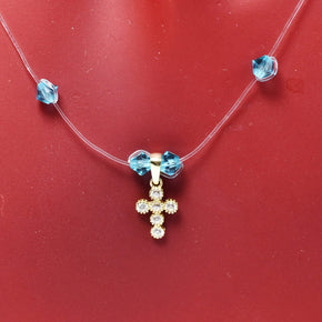 Blue Crystal Cross Necklace – 14K Gold