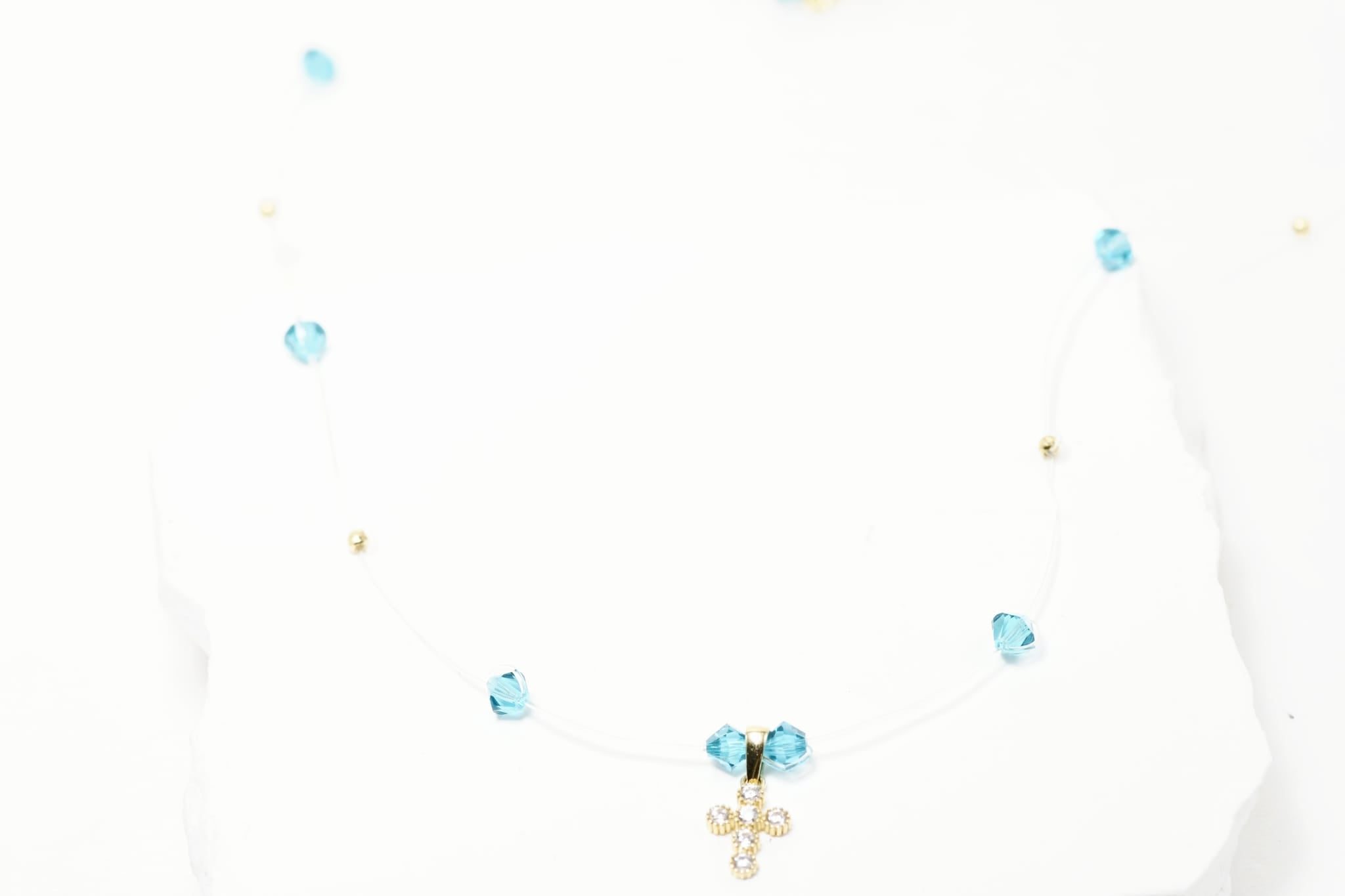Blue Crystal Cross Necklace – 14K Gold