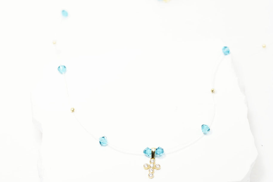 Blue Crystal Cross Necklace – 14K Gold