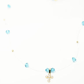 Blue Crystal Cross Necklace – 14K Gold