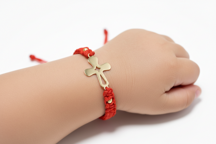 Red String Cross Bracelet – 14K Gold