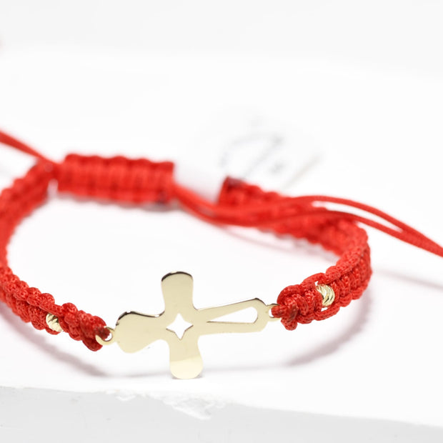 Red String Cross Bracelet – 14K Gold