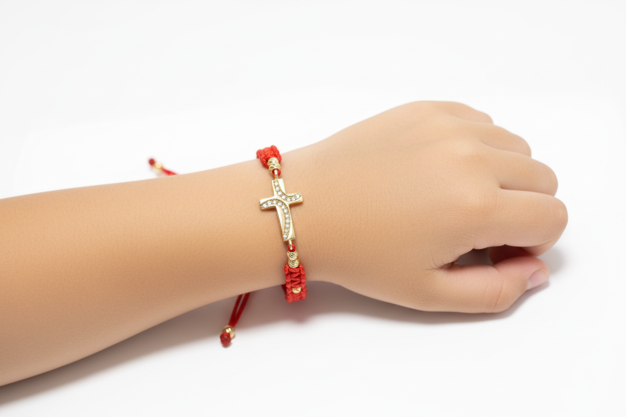 Red String Pavé Cross Bracelet – 14K Gold