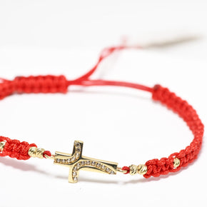 Red String Pavé Cross Bracelet – 14K Gold