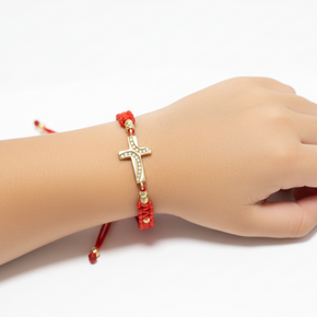 Red String Pavé Cross Bracelet – 14K Gold