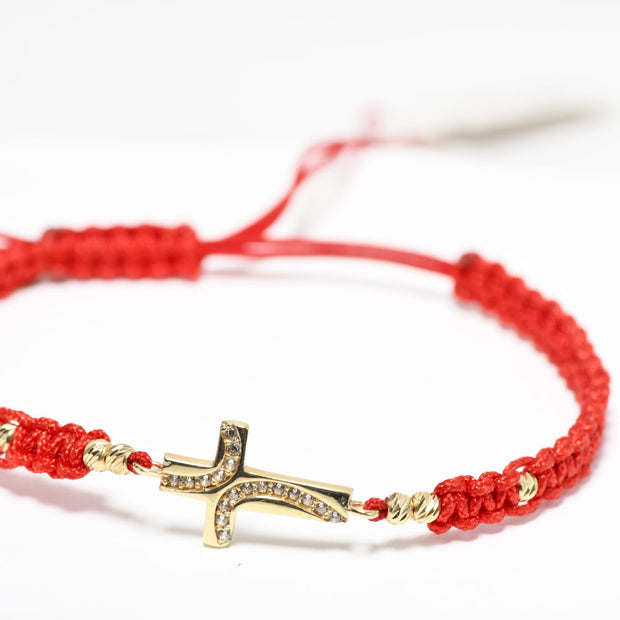 Red String Pavé Cross Bracelet – 14K Gold
