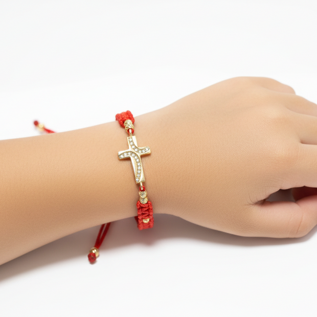 Red String Pavé Cross Bracelet – 14K Gold