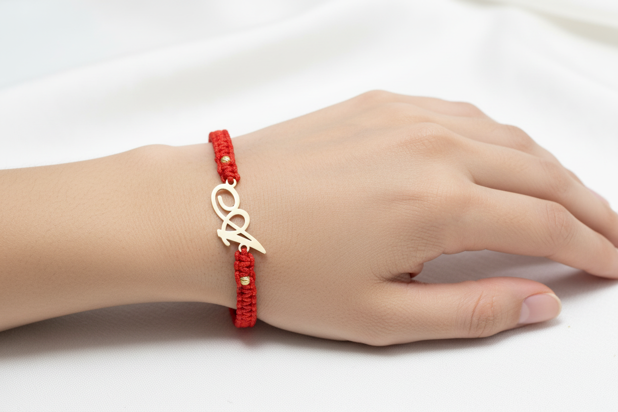 Red String Letter A Bracelet – 14K Gold