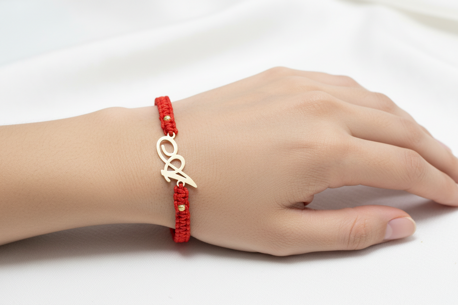 Red String Letter A Bracelet – 14K Gold