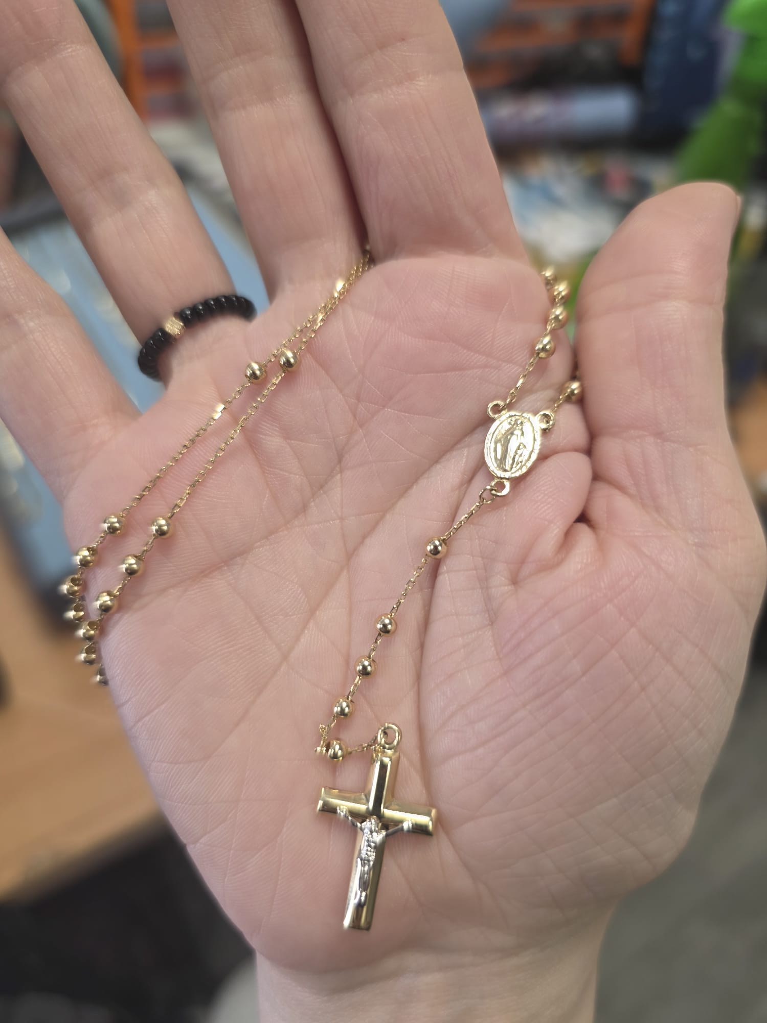 14K Gold Rosary Style Necklace with Miraculous Medal and Cross