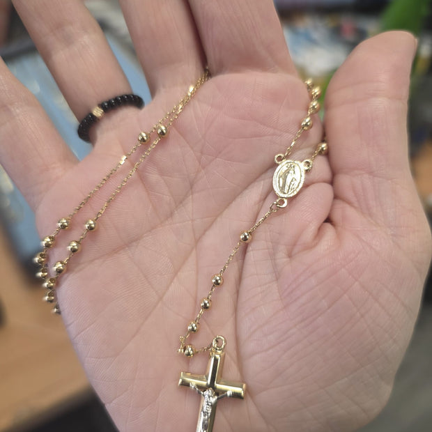 14K Gold Rosary Style Necklace with Miraculous Medal and Cross