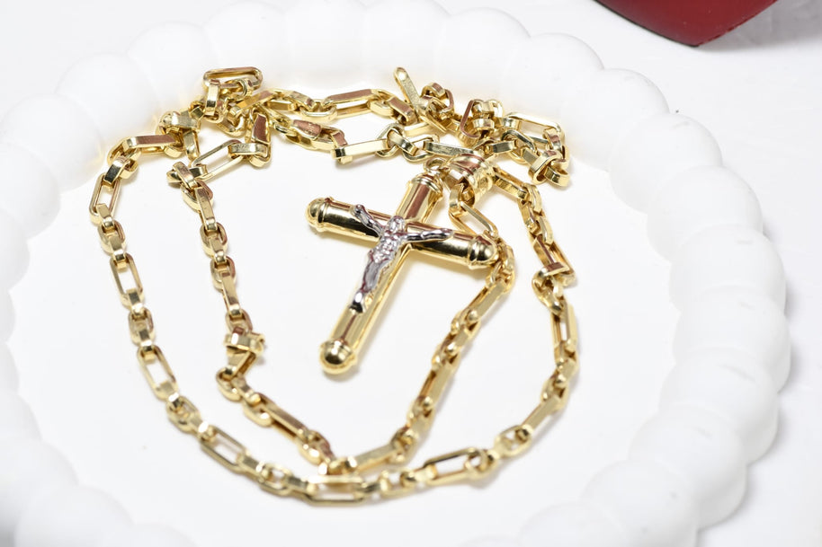 14K Gold Two-Tone Cross Necklace – 60 cm