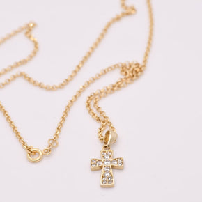14K Gold Cross Necklace with Stones – 45cm