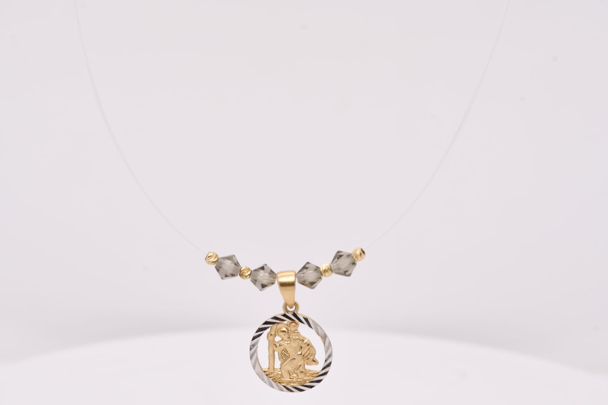 14K Gold Two-Tone Saint Christopher Necklace with Crystal Details
