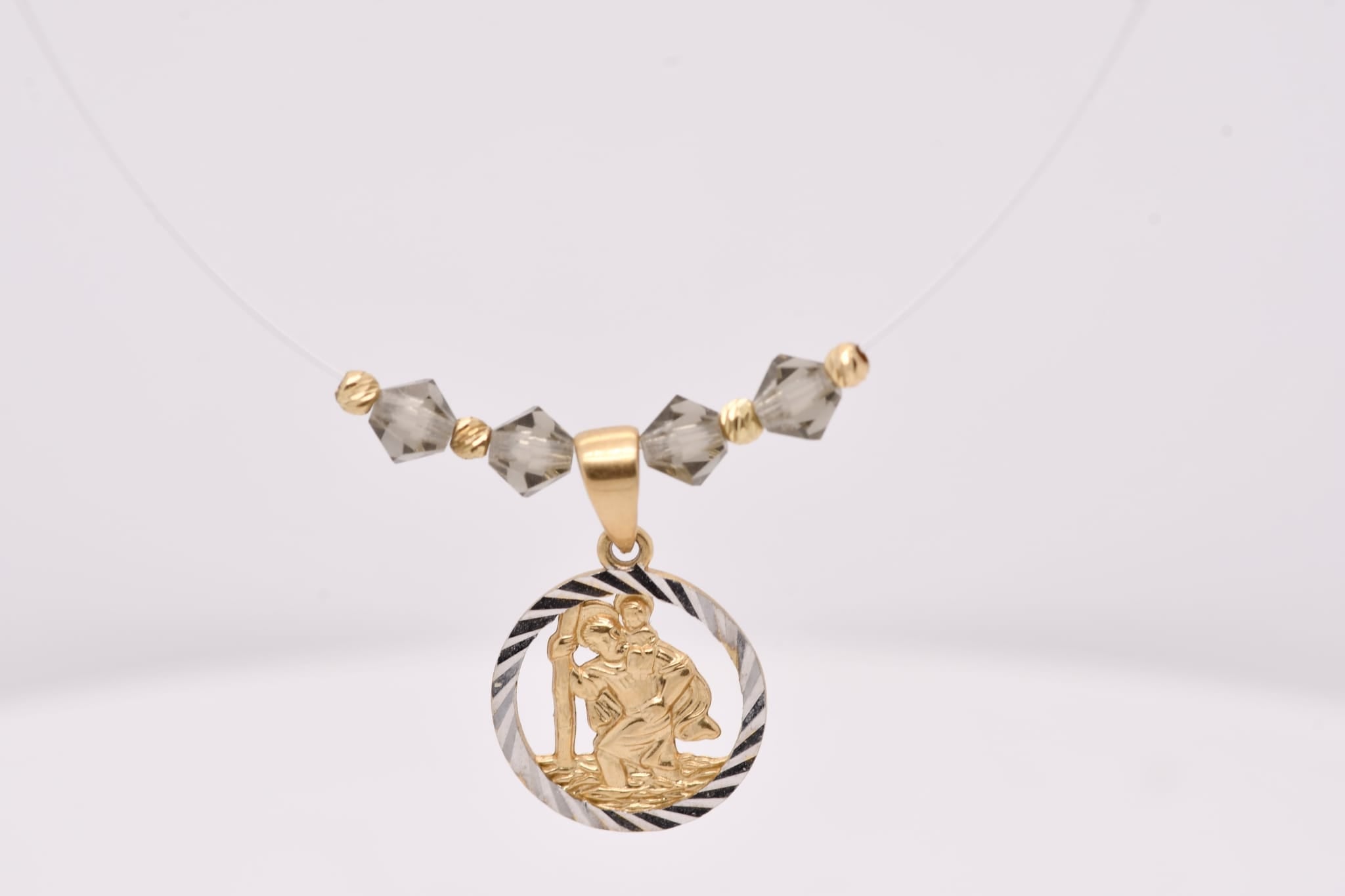 14K Gold Two-Tone Saint Christopher Necklace with Crystal Details