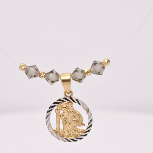 14K Gold Two-Tone Saint Christopher Necklace with Crystal Details