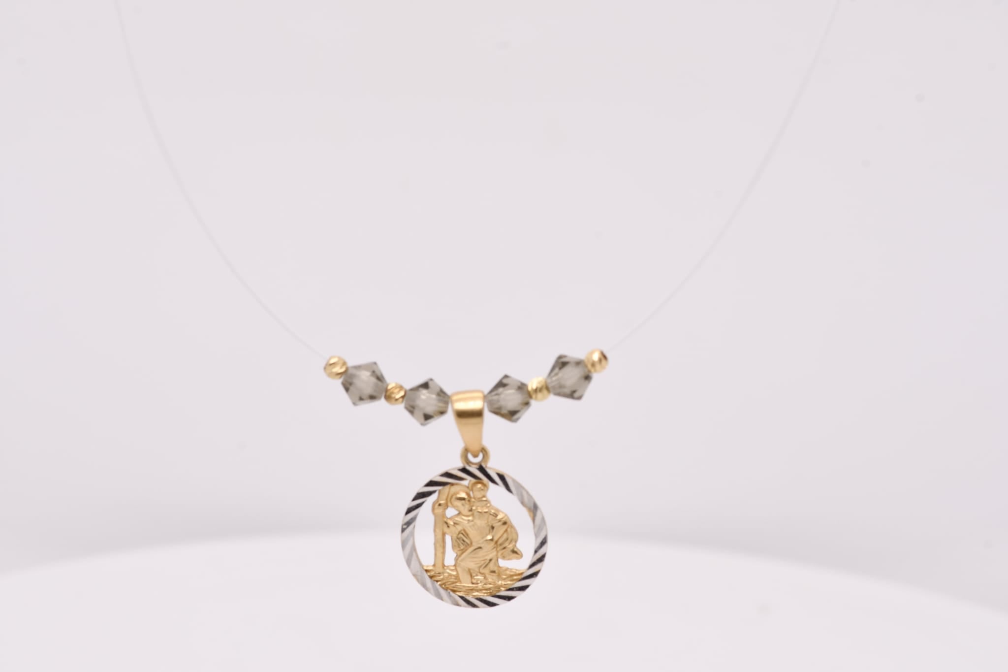 14K Gold Two-Tone Saint Christopher Necklace with Crystal Details