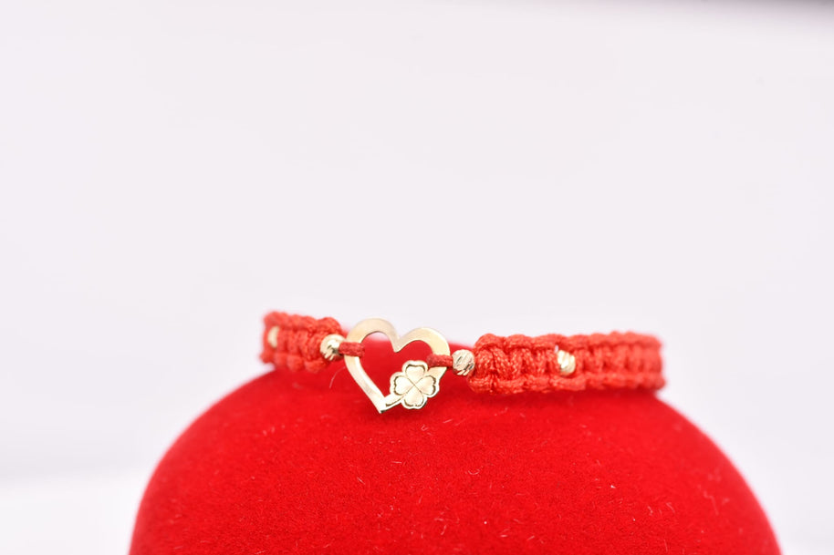 14K Gold Heart &amp; Clover Red String Bracelet