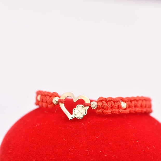 14K Gold Heart &amp; Clover Red String Bracelet
