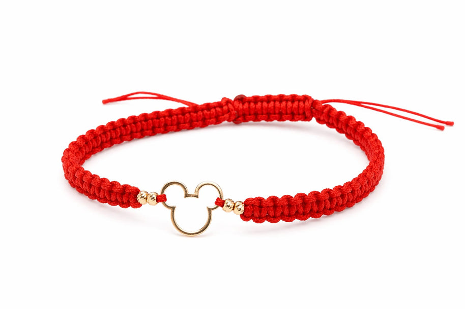 14K Gold Red String Bracelet with Mickey-Inspired Charm