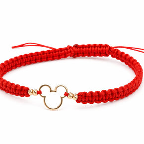 14K Gold Red String Bracelet with Mickey-Inspired Charm