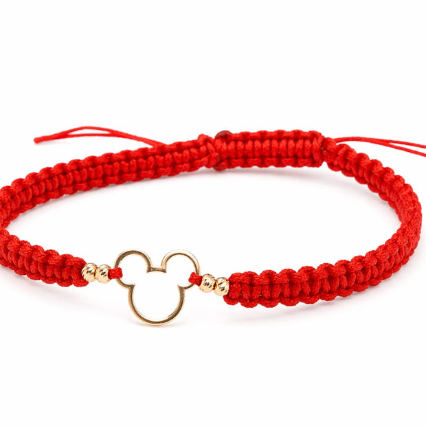 14K Gold Red String Bracelet with Mickey-Inspired Charm