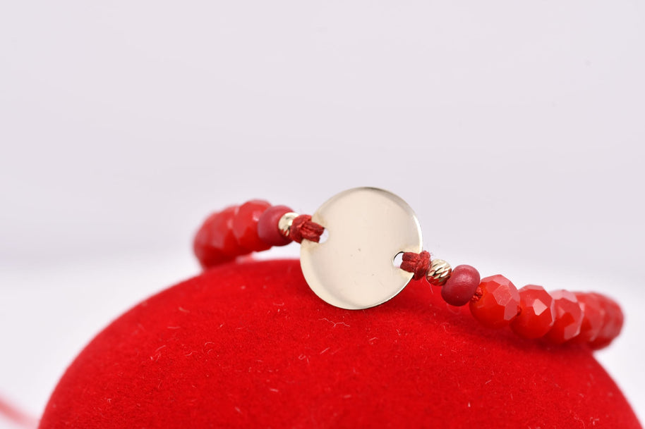 14K Gold Engravable Disc Red Crystal Bracelet