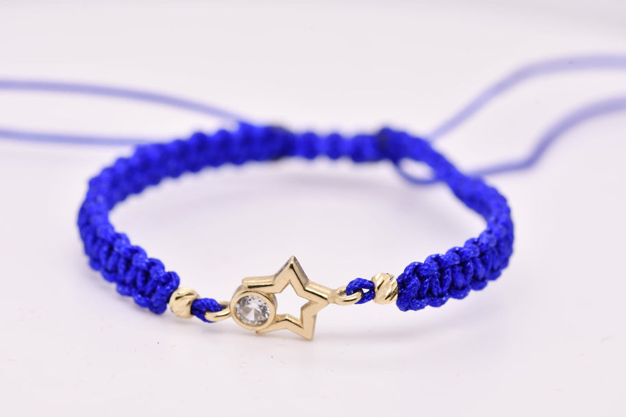 14K Gold Star Bracelet with Crystal and Blue String