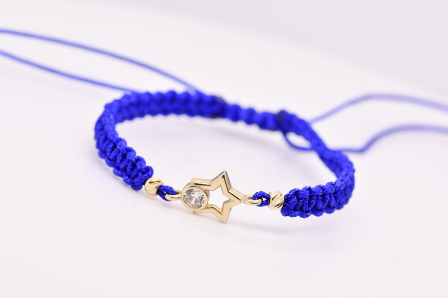 14K Gold Star Bracelet with Crystal and Blue String