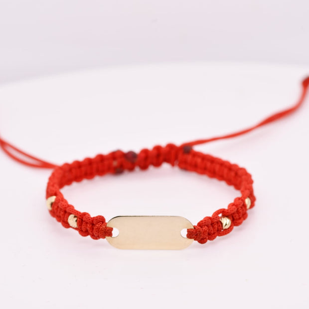 14K Gold Engravable Bar Red String Bracelet