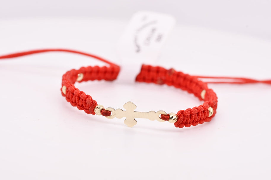 14K Gold Cross Red String Bracelet