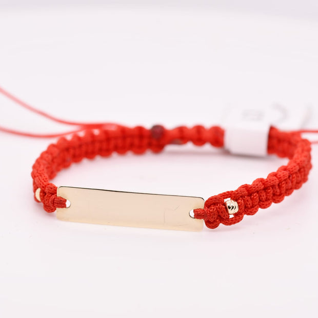 14K Gold Engravable Long Bar Red String Bracelet