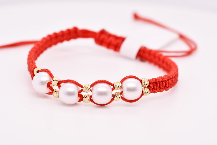 14K Gold Pearl Red String Bracelet