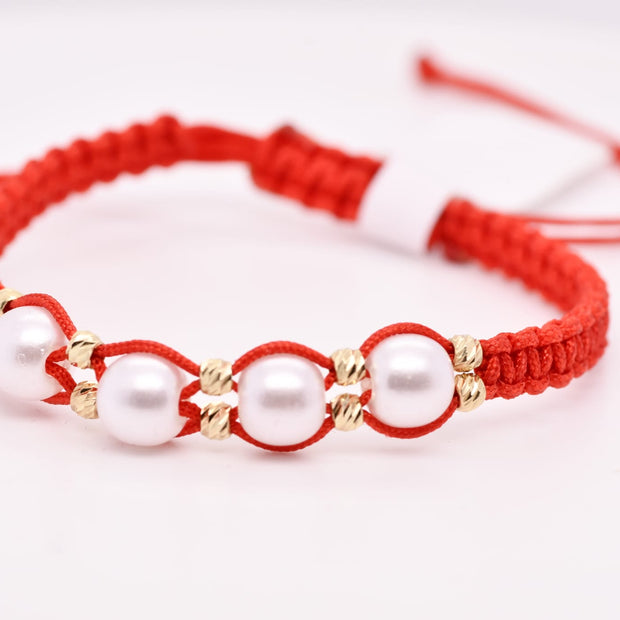 14K Gold Pearl Red String Bracelet