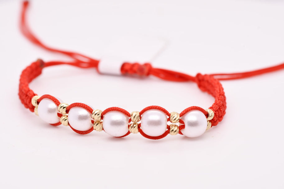 14K Gold Pearl Red String Bracelet