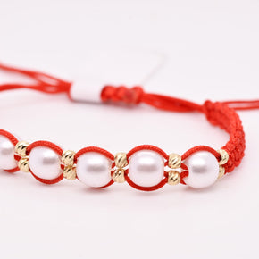 14K Gold Pearl Red String Bracelet