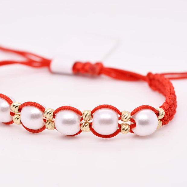 14K Gold Pearl Red String Bracelet