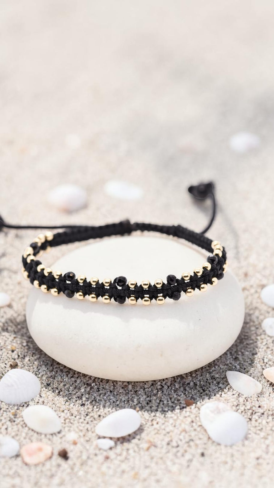 14K Gold Beaded Macramé Bracelet with Black Crystal Accents