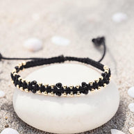 14K Gold Beaded Macramé Bracelet with Black Crystal Accents