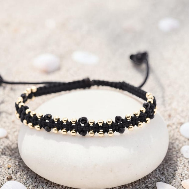 14K Gold Beaded Macramé Bracelet with Black Crystal Accents