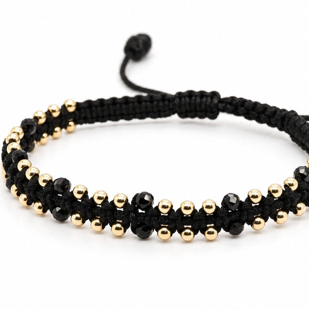 14K Gold Beaded Macramé Bracelet with Black Crystal Accents