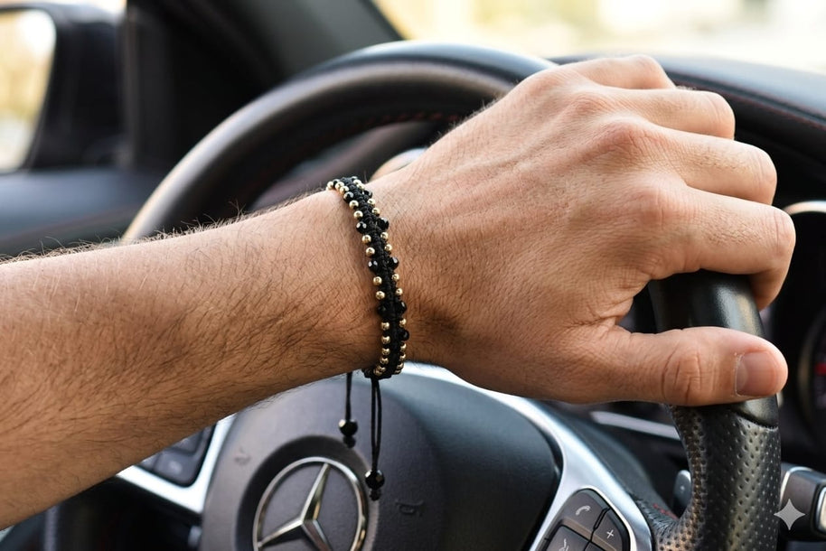 14K Gold Beaded Macramé Bracelet with Black Crystal Accents