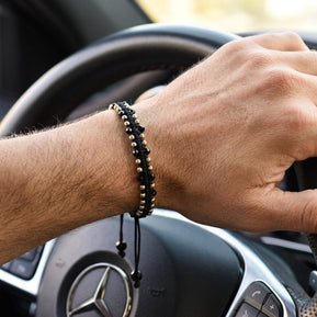 14K Gold Beaded Macramé Bracelet with Black Crystal Accents