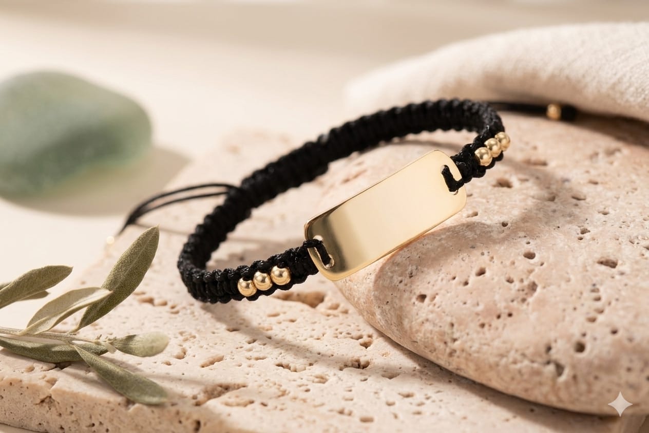 14K Gold Engravable Macramé ID Bracelet