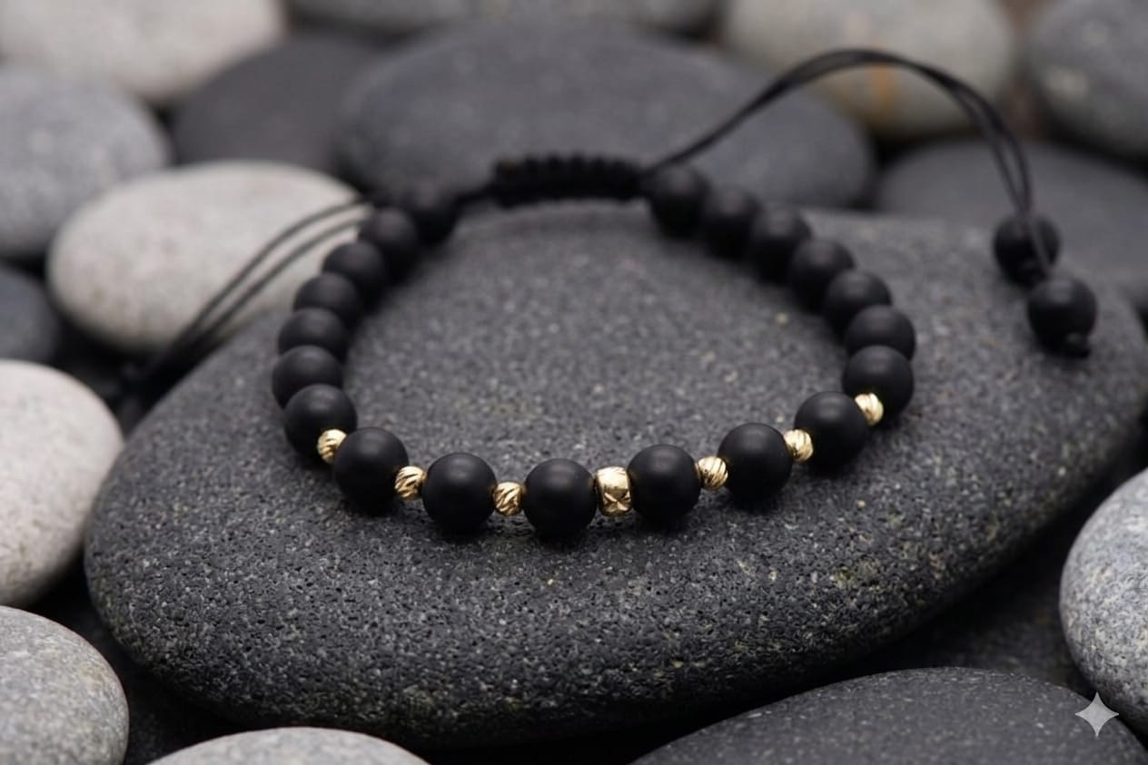 14K Gold Black Bead Adjustable Bracelet
