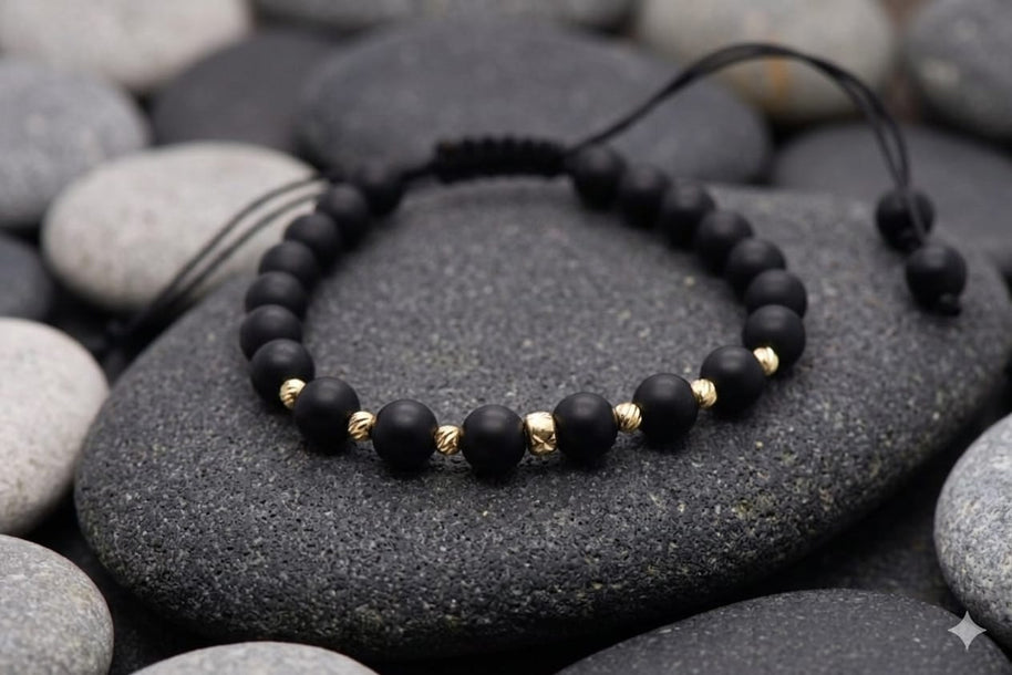 14K Gold Black Bead Adjustable Bracelet