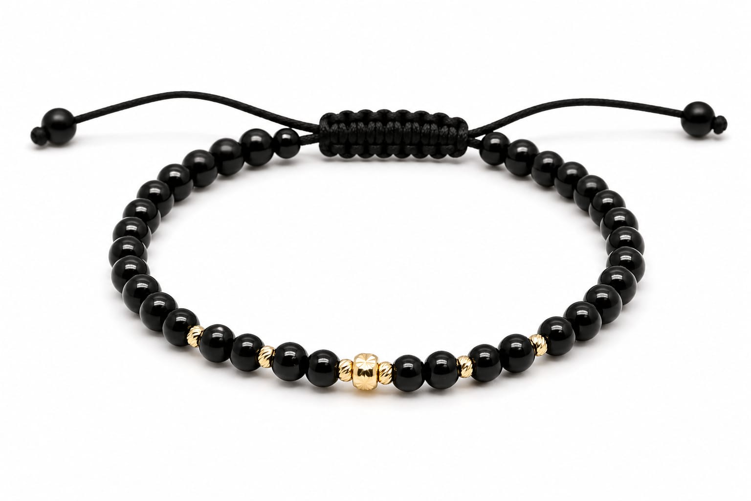 14K Gold Glossy Black Bead Adjustable Bracelet